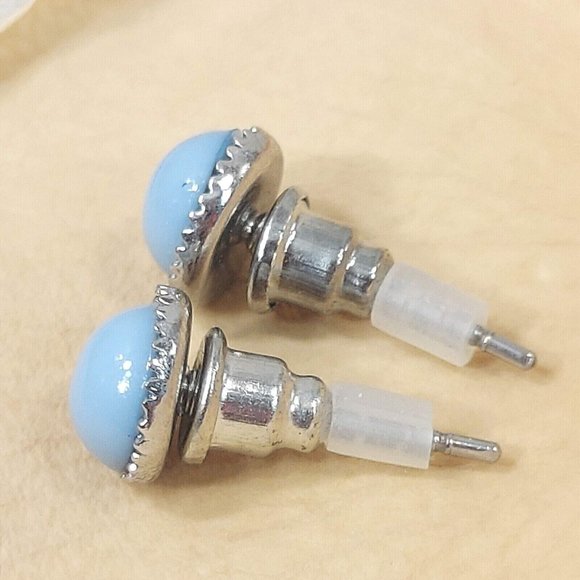 Silver Round Stud Earrings Blue Stone Vintage Jewelry Jewel Trinket Gift for Her - Picture 6 of 11